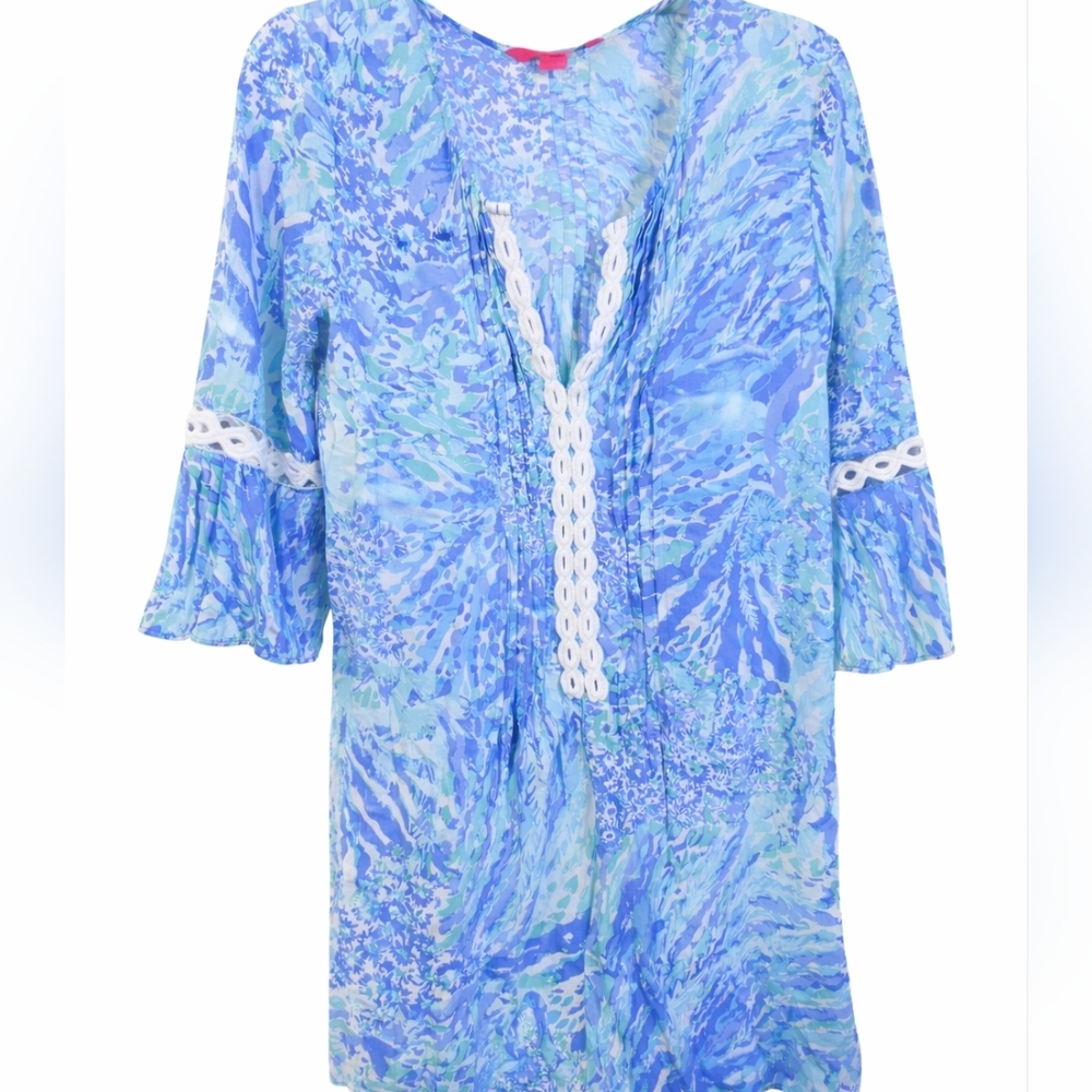 Lilly Pulitzer Blue Coastal Dress Bell Sleeve Crochet Trim Resort Boho Sz Small